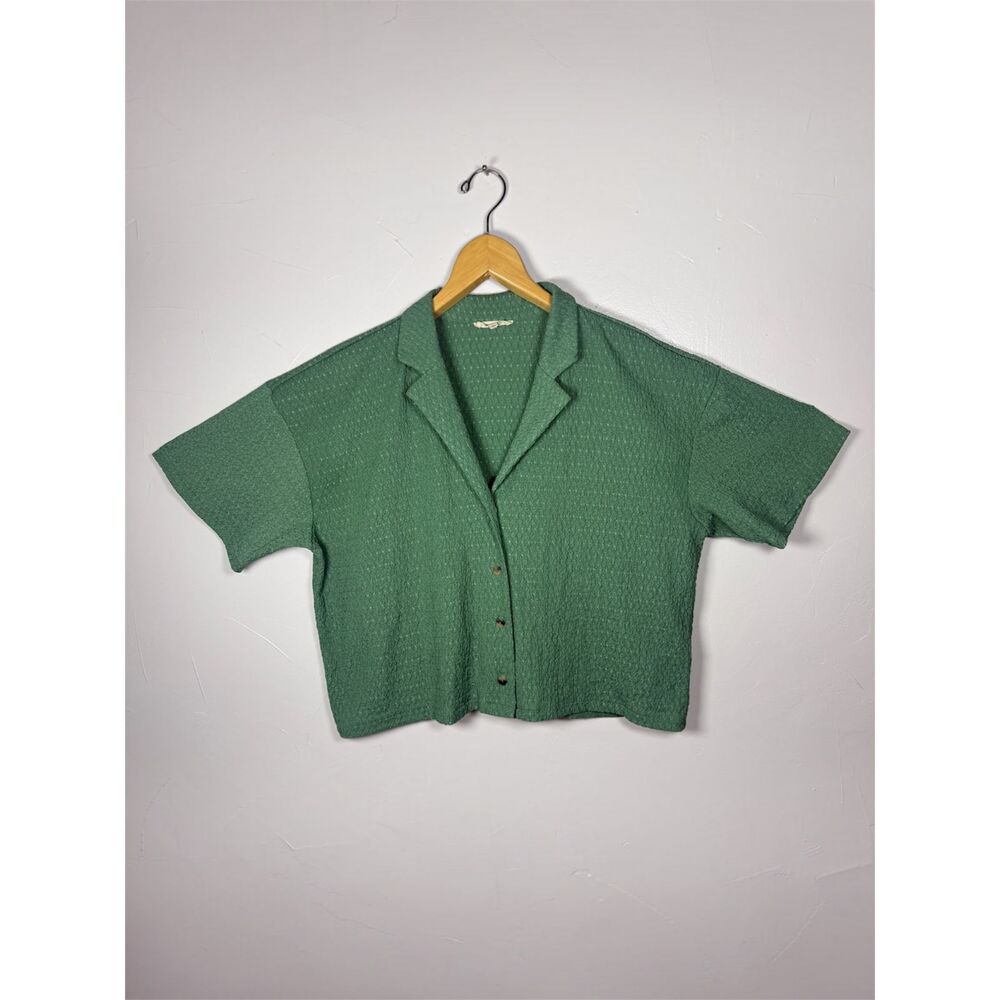 Madewell Crinkle Knit Button Front Top Green Size Large NJ769